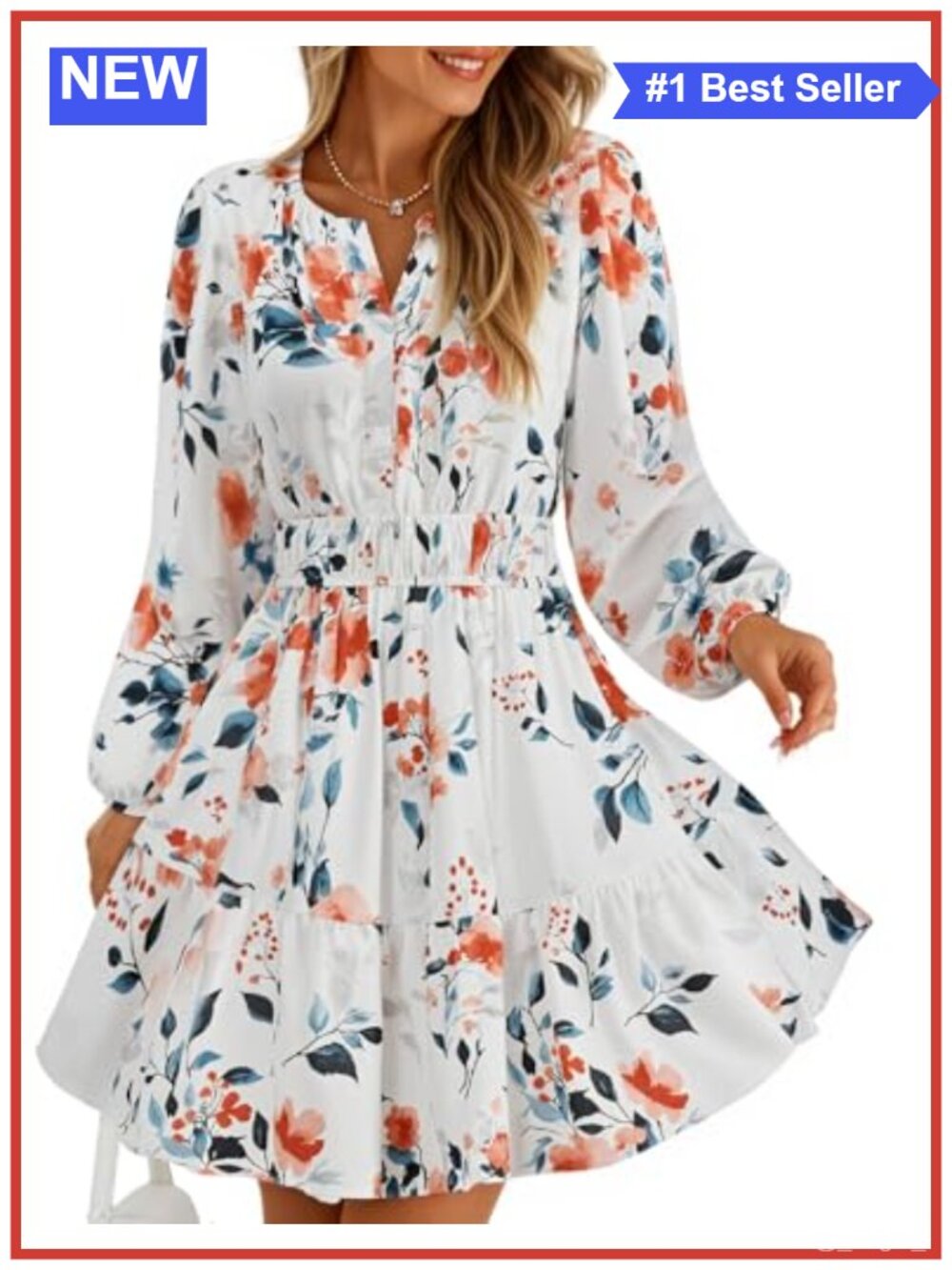 Womens Fall Floral Long Sleeve Mini Dress V-Neck A-Line Smocked Wedding Guest